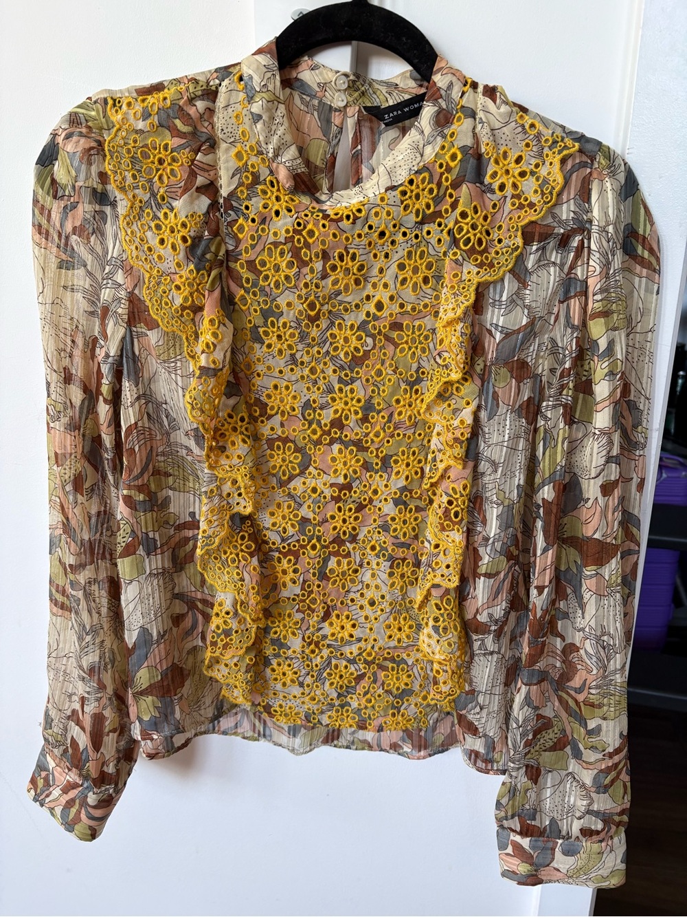 Zara Yellow Eyelet Lace Ruffle Floral Print Blouse